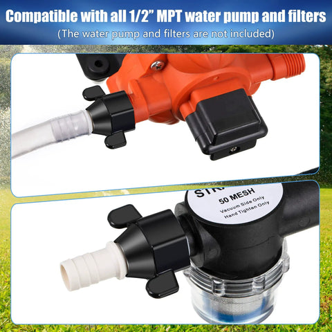 1/2 Inch To 14 NPT Barb Elbow And Straight Swivel RV Water Pump Fittings With Thread Seal Tape Female Threaded Pex For Strainer 360 Degree Rotating Hose Adapter DIY Friendly Install Fits Most Pumps attached to RV water pump and strainer