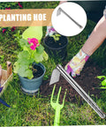 Gardener using Multifunctional Stainless Steel Garden Hoe for weeding in flower bed, compact design with 12-inch handle