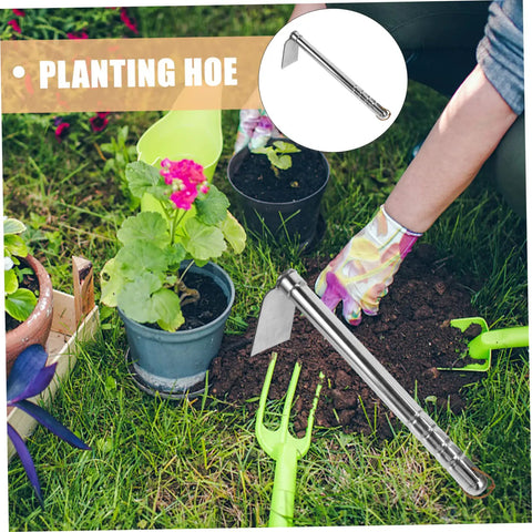 Gardener using Multifunctional Stainless Steel Garden Hoe for weeding in flower bed, compact design with 12-inch handle