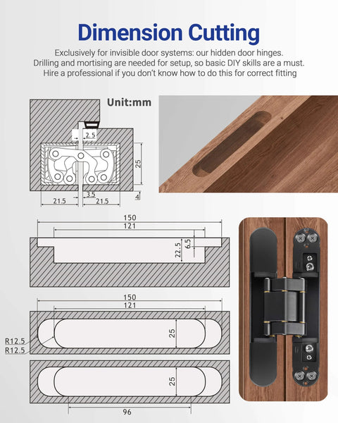 Diagram of Hidden Door Hinges 6x2.5x1 Inch Zinc Alloy Concealed Hinge Set Black Heavy Duty with measurements and installation guide.