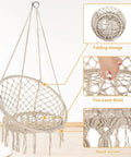 Cozy Hammock Chair Set Of 2 Macrame Swing Chairs With Tassels Bohemian Style Handwoven Cotton Rope Indoor Outdoor Beige
