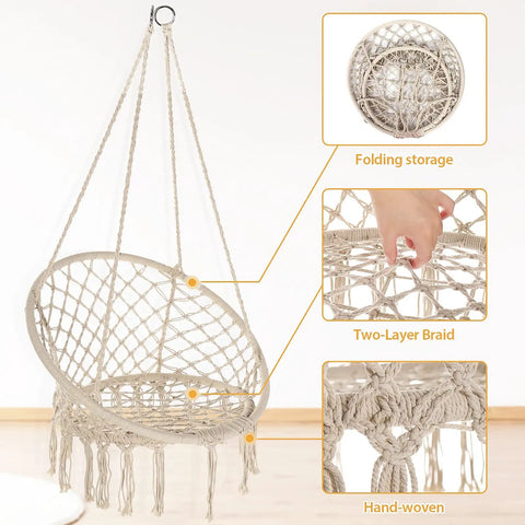 Cozy Hammock Chair Set Of 2 Macrame Swing Chairs With Tassels Bohemian Style Handwoven Cotton Rope Indoor Outdoor Beige