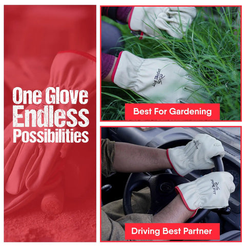 Badass 12 Pair Leather Work Gloves Built Like A Tank Deliver Heavy Duty Non Slip Grip For Grinding Construction Jobs Rugged Yard Labor And Warehouse Shifts Large Fit, shown in gardening and driving scenarios.