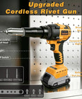 Upgraded Cordless Electric Rivet Gun Compatible With DeWalt 20V Max Battery with LED light and interchangeable nozzles.