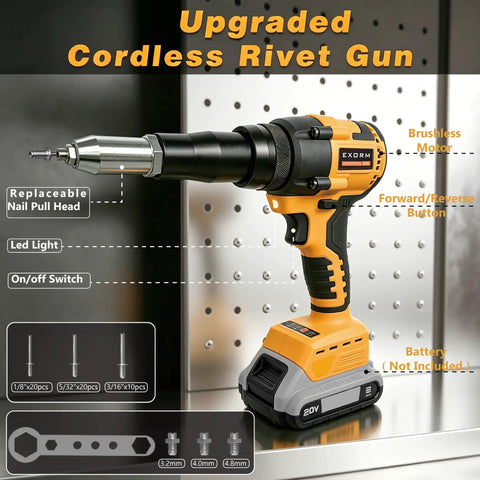 Upgraded Cordless Electric Rivet Gun Compatible With DeWalt 20V Max Battery with LED light and interchangeable nozzles.