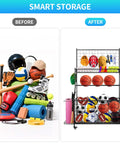 All In One Garage Gear Organizer With Rolling Cart Ball Rack Hooks Bins And Wire Basket Keeps Basketballs Baseball Gear And Toys Neatly Stored In Black before and after image