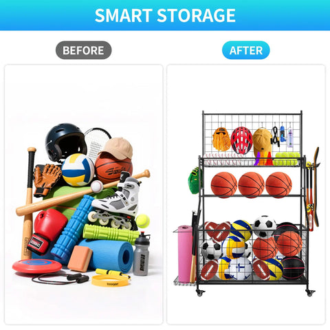 All In One Garage Gear Organizer With Rolling Cart Ball Rack Hooks Bins And Wire Basket Keeps Basketballs Baseball Gear And Toys Neatly Stored In Black before and after image