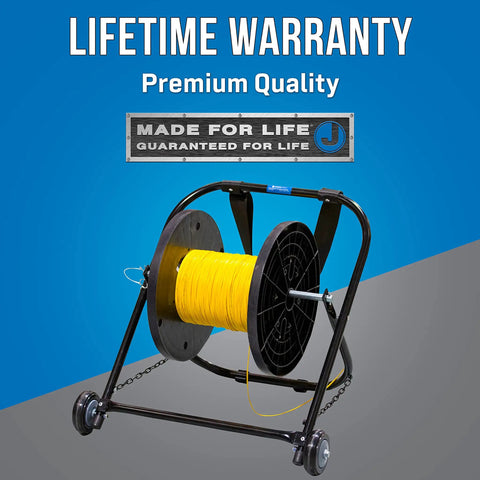 Heavy Duty Steel Cable Caddy With Wheels And Pull Strap, Holds Reels Up To 20 Inch Diameter And 100 Lb Capacity, Black on display