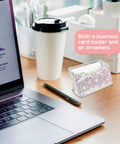 Crystal Rhinestone Card Holder Desk Stand For Office Boss Glam Bling Display With White Crystal Accessories on desk