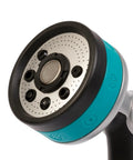 Close-up of the Heavy Duty Thumb Control Garden Hose Nozzle With Eight Pre Set Spray Patterns, showing spray head and metal water passage.