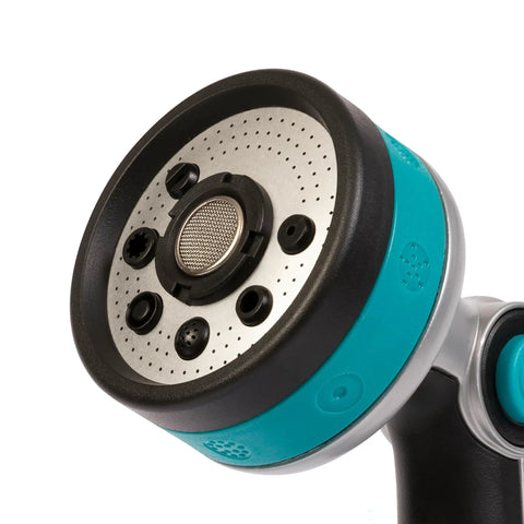 Close-up of the Heavy Duty Thumb Control Garden Hose Nozzle With Eight Pre Set Spray Patterns, showing spray head and metal water passage.