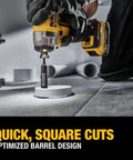 DEWALT Impact Connect pipe cutter for PVC with diamond grit wheel cutting a white PVC pipe
