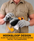 Detail Sander For Precise Handheld Work 1.5A Mouse Palm Corded Sander with Hook & Loop design demonstrating sandpaper installation.