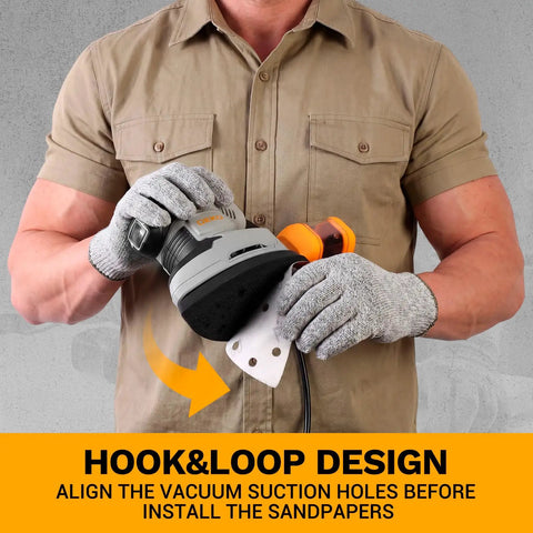 Detail Sander For Precise Handheld Work 1.5A Mouse Palm Corded Sander with Hook & Loop design demonstrating sandpaper installation.