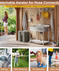 Woman using detachable aerator for hose connection in outdoor sink setup, illustrating multiple cleaning tasks versatility.