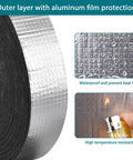 Close-up of Peel And Stick Outdoor Foam Pipe Insulation Tape 2 Inch By 33 Feet Aluminum Finish Shield with waterproof and heat resistant features.