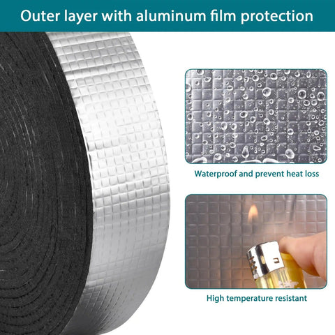 Close-up of Peel And Stick Outdoor Foam Pipe Insulation Tape 2 Inch By 33 Feet Aluminum Finish Shield with waterproof and heat resistant features.