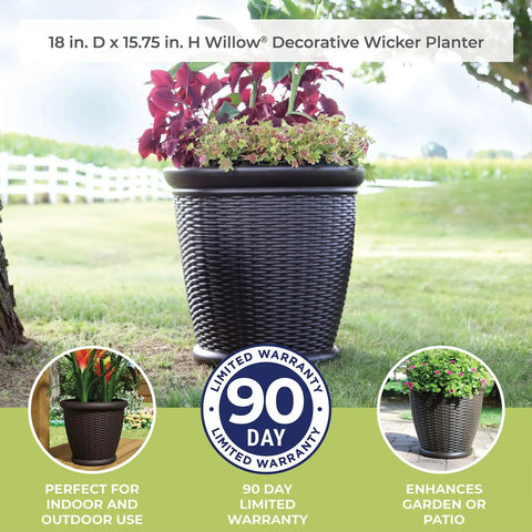 18 Inch Resin Wicker Planter For Indoor And Outdoor Use All American Style Durable Plastic Construction With Moisture Retention Brown Finish Weather Resistant Made In USA placed in garden