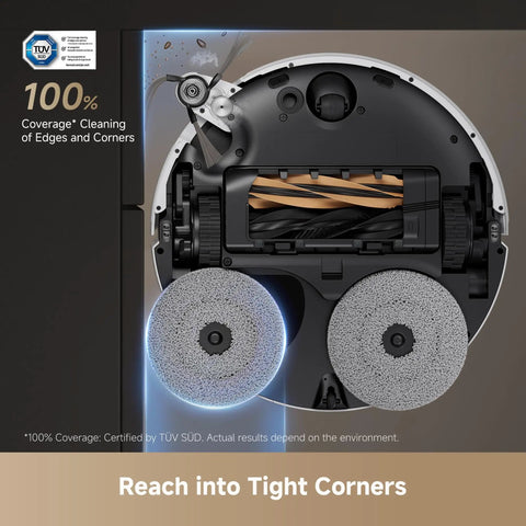 Bottom view of Beast Mode 20,000 Pa Suction Robot Vacuum And Mop with edge cleaning brush and mop pads visible.