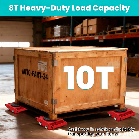 Beefed-Up Heavy Duty 4-Piece Machinery Skate Dolly Set With 20,000 Lbs Capacity 10 Ton Industrial Mover under wooden crate