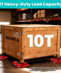 Heavy Duty 10 Ton Machinery Moving Skates Set Of 4 With 20000 Lbs Load Capacity under wooden crate with red wheels.