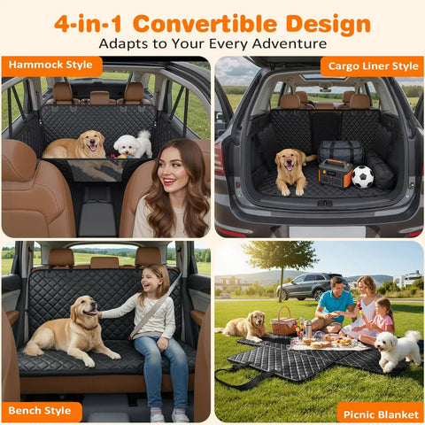 4 In 1 Dog Car Seat Cover For Back Seat Paw Proof Waterproof Hammock With Mesh Window And Side Flaps in hammock, bench, cargo liner, and picnic mat configurations