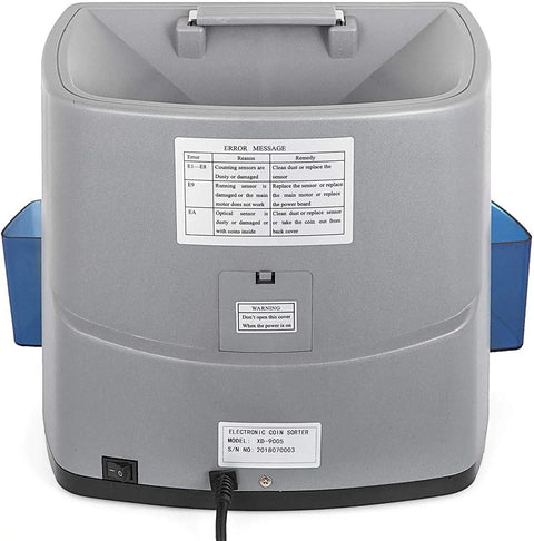 Back view of Pro Level Automatic Us Coin Sorter And Lcd Counter showing error message and connectors.