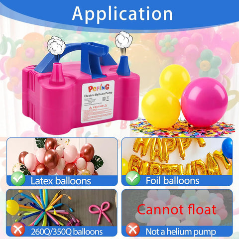 Electric Balloon Pump With Integrated Balloon Tying Tool All In One Portable Inflator Blower displayed with balloons.