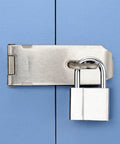 Padlock hasp latch, stainless steel, mounted on a metal cabinet door