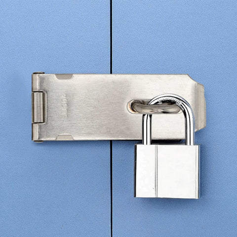 Padlock hasp latch, stainless steel, mounted on a metal cabinet door