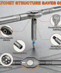24 In 1 Magnetic Ratchet Screwdriver Set Featuring Detachable Handle And Integrated Mini Wrench showing the ratchet interface and 58 teeth gears.