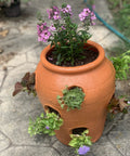 Strawberry Jar Planter With Twelve Side Openings For Herbs Flowers And Succulents Durable Lightweight Terra Cotta Colored Plastic Garden Container For Patio Balcony Backyard Deck Outdoor Or Indoor Use with purple flowers and succulents