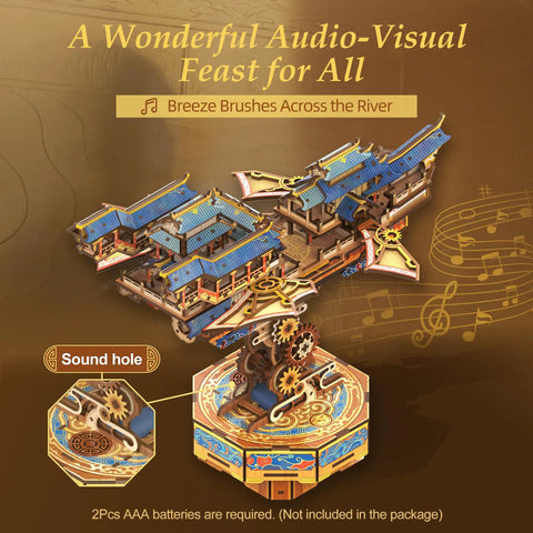3D Wooden Puzzle Kit For Adults With DIY Japanese Ship Model And Music, vintage village scene, sound hole detail