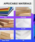 Upcut Spiral Router Bit, Pro Grade Carbide With Blue Coating, Single Flute, Flat Top, shown with materials PVC, plywood, density board, acrylic, solid wood, PS.