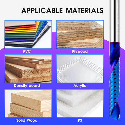 Upcut Spiral Router Bit, Pro Grade Carbide With Blue Coating, Single Flute, Flat Top, shown with materials PVC, plywood, density board, acrylic, solid wood, PS.