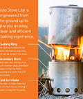 Lite Pot 900 Wood Burning Camp Stove Set With 900 Milliliter Pot in use with visible flames and stainless steel body on outdoor setup.