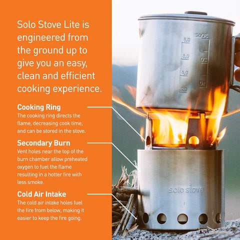 Lite Pot 900 Wood Burning Camp Stove Set With 900 Milliliter Pot in use with visible flames and stainless steel body on outdoor setup.