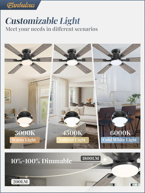 Customizable light settings for 52 Inch Ceiling Fan With Lights, App And Remote, Flush Mount Low Profile Black Ceiling Fan