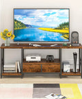 Industrial Rustic Brown TV Stand With Two Fabric Drawers And Open Shelving Spacious 55 Inch Entertainment Console in living room setup.