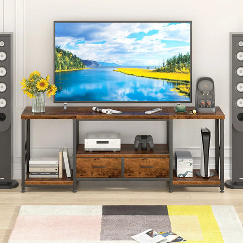 Industrial Rustic Brown TV Stand With Two Fabric Drawers And Open Shelving Spacious 55 Inch Entertainment Console in living room setup.