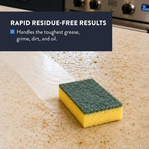 Top Shelf Pine Burst Multi Surface Cleaner Nukes Toughest Kitchen Grease Stubborn Bathroom Grime And Lingering Odors From Floors Walls Counters And Fabric Upholstery Quick As Always, sponge on countertop removing grease.