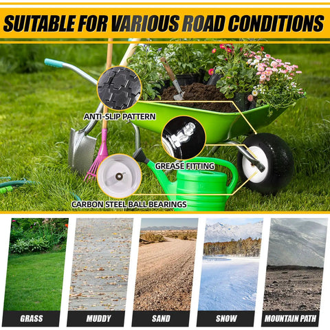 Beefy 14.5 Inch Wheelbarrow Wheel Solid Tire Replacement Kit in garden with anti-slip pattern, suited for various terrains.