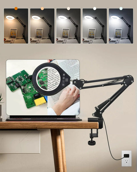 Hands Free Desk Magnifier With Light 10X And 5X Real Glass Anti Glare Lens, adjustable arm, fixed on a wooden desk.