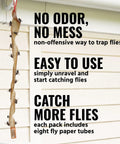 No Sweat Fly Trap Sticky Fly Paper Strips For Pesky House Flies Odorless Mess Free Hanging Pest Control Solution Eight Pack hanging with flies.