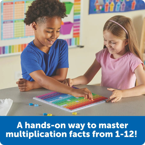 Children using Rainbow Multiplication Board for Kids Hands On Times Tables Chart Montessori Inspired Math Toy for Homeschool.