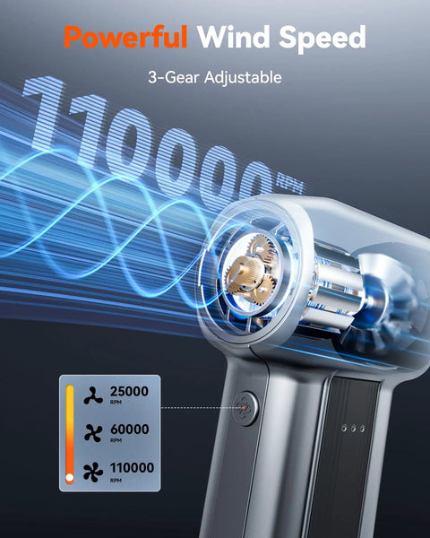 Electric Air Duster With 110000 RPM High-Speed Turbo Blast, Rechargeable 3-Speed Dust Blower showing 3 gear levels