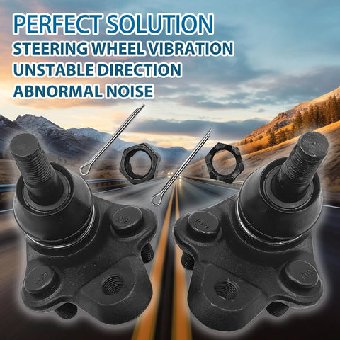 Two black front lower suspension ball joints with studs and mounting holes, plus cotter pins.