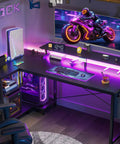 48 Inch Gaming Desk With USB Charging Ports And LED Lights, Reversible L Shaped Corner Desk With Monitor Stand, Black
