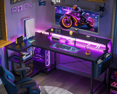 48 Inch Gaming Desk With USB Charging Ports And LED Lights, Reversible L Shaped Corner Desk With Monitor Stand, Black