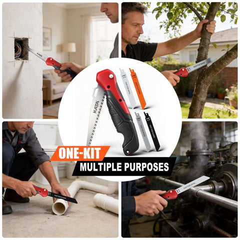 Five In One Folding Hand Saw For Drywall And More With Quick Change Blades used for drywall, tree cutting, plumbing, and metalwork